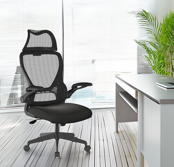 <H3>Canis - High Back Mesh Chair with Moulded Seat & Folding Arms