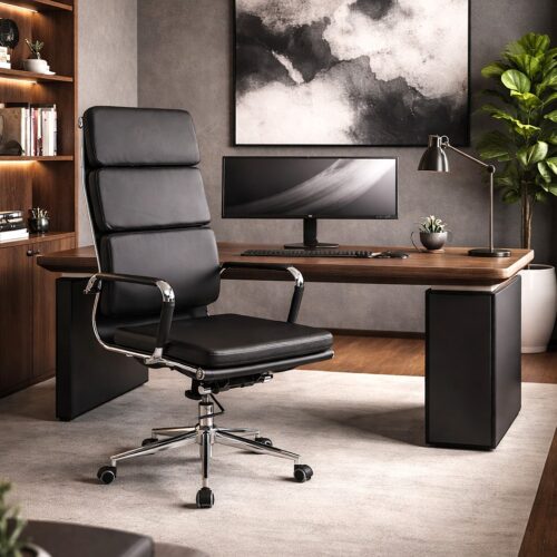 <h3>Avanti – Bonded Leather High Back Swivel Armchair with Individual Back Cushions and Chrome Arms & Base